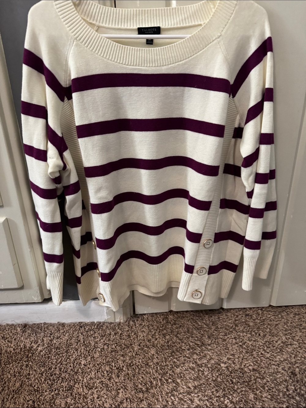 Talbots Cream and Purple Striped Boatneck Sweater with Side Buttons